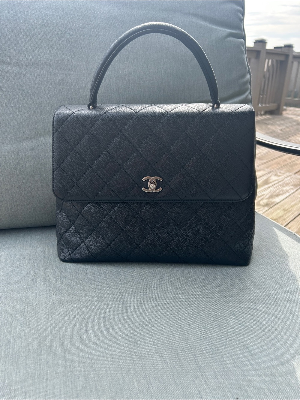 CHANEL Black Quilted Top Handle Satchel with Silver CC